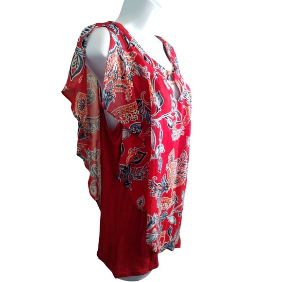 Apt. 9 Flowery Multicolor Red Cold Shoulder Layered Blouse Size Large - Picture 3 of 8